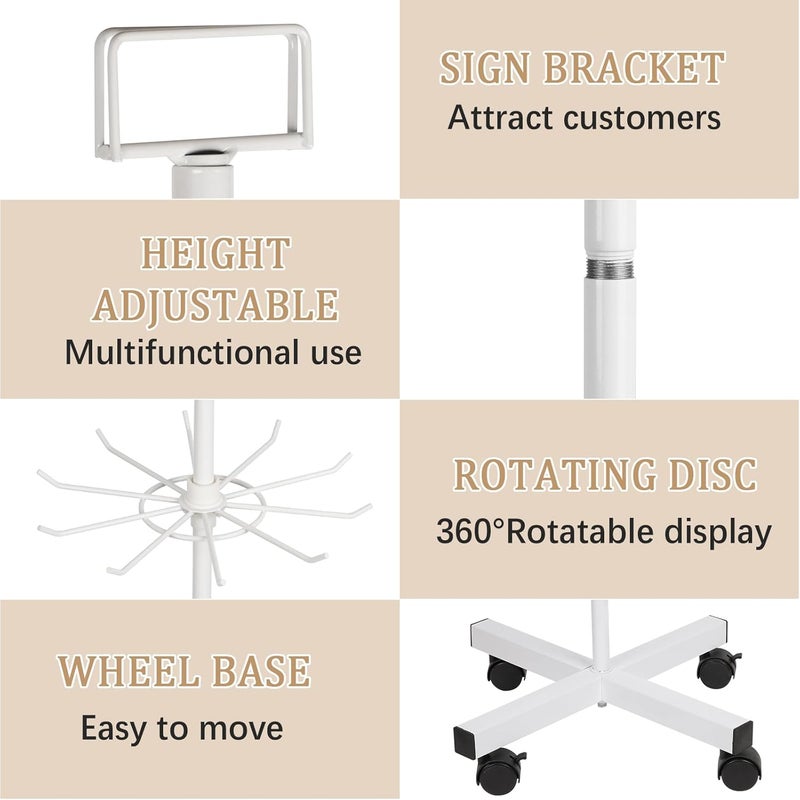 Exttlliy 5-Tier Metal Spinning Display Stand Rack with Wheels, Keychain Jewelry Stocking Hat Display Stand, White - Image 4